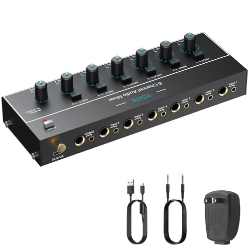 Mini Audio Mixer, 6 Channel Stereo Line Mixer 1/4" & 1/8" TSR Audio Output Input Jack, Line Mixer Stereo/Mono Independent Control and Switch for Guitars,Bass,Keyboards, Dynamic Microphone - size: Large(6-channel)