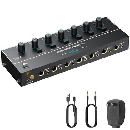 Mini Audio Mixer, 6 Channel Stereo Line Mixer 1/4" & 1/8" TSR Audio Output Input Jack, Line Mixer Stereo/Mono Independent Control and Switch for Guitars,Bass,Keyboards, Dynamic Microphone - size: Large(6-channel)