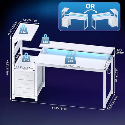52" Reversible Gaming Desk with LED Lights Power Outlets, White
