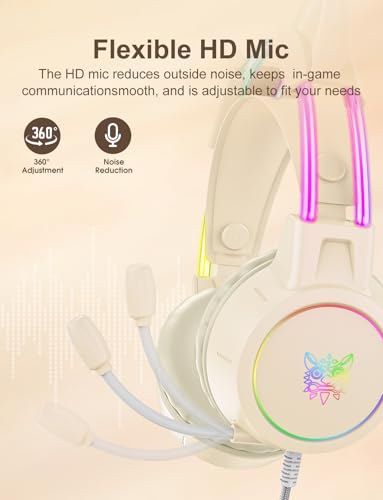 Lightweight Gaming Headset, RGB Lighting, Wired Over Ear Headphones with Mic for PC Laptop PS4 PS5 Switch, Stereo Surround Sound, Self-Adjusting Headband, Beige Cat Ear - color: Beige Cat Ear