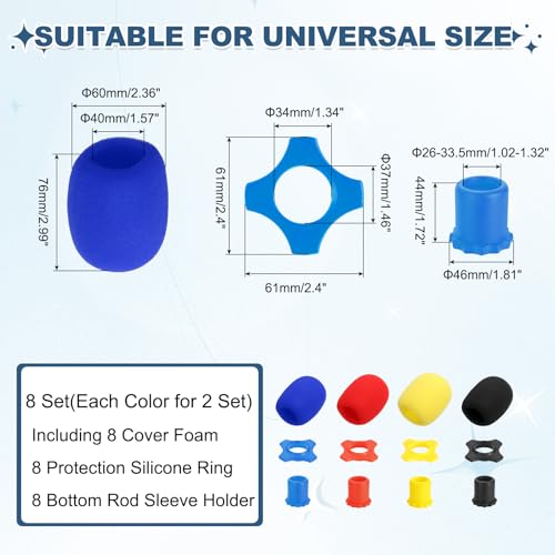 MECCANIXITY 8 Set Microphone Cover Foam Mic Cover, with 1.34" Mic Protection Silicone Ring and Anti Rolling Bottom Sleeve Holder for Karaoke DJ Concert Theater, Yellow/Red/Blue/Black - color: Yellow/Red/Blue/Black, size: 1.34"