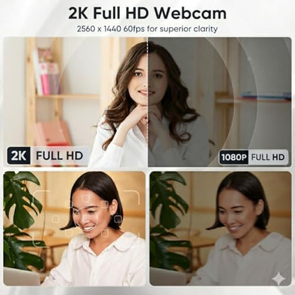 2K Webcam with Microphone, Noise Cancellation, Privacy Cover, Wide-Angle Lens, Auto Light Correction, Plug & Play USB Webcam for Laptop, Desktop, PC, Mac, Zoom, Skype, Streaming (Black)