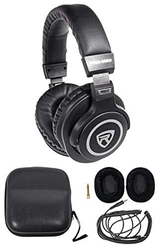 Rockville PRO-M50 Closed-Back Studio Headphones with Detachable Coil Cable | 40mm Neodymium Drivers, 32 Ohm, Over-Ear, Includes Hard Leather Case, Extra Ear Pad, Gold Plated 1/4" Adapter, OFC Cable - color: Black