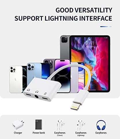 Lightning to 3.5mm Headphone Converter(2Pack)3in1 for iPhone AUX Adapter Dongle for Apple MFI Certified 11 12 13 14 Pro Max 8 Plus X XR for iPad Music Adaptador Cord Audio Charger Jack Cable Splitter