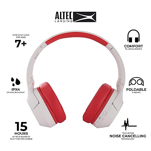 Altec Lansing Kid Safe Noise Cancelling Wireless Headphones 15H Battery, 85dB Volume Limit, Foldable Design Powerful Sound, Active Noise Cancellation Perfect for Kids Ages 7+ - color: Whiteout Classic Red