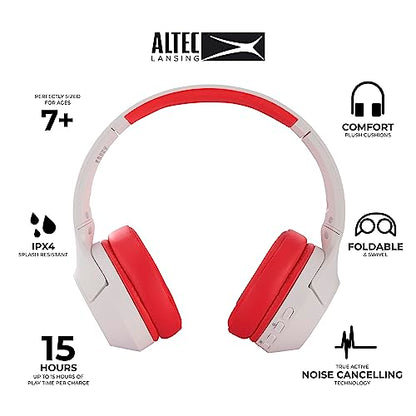 Altec Lansing Kid Safe Noise Cancelling Wireless Headphones 15H Battery, 85dB Volume Limit, Foldable Design Powerful Sound, Active Noise Cancellation Perfect for Kids Ages 7+ - color: Whiteout Classic Red