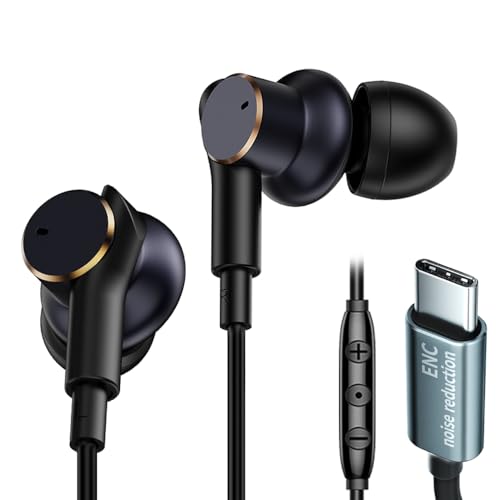 USB C Wired Headphones with Noise-Canceling Mic Powerful Bass In ear Earbud | Dual-Driver Noise-Isolating Wired Earbuds Call Noise Reduction,Type C Plug Deep Bass Earphones with DAC & HD Sound