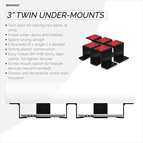 BRAINWAVZ Twin Under Desk Laptop & Device Holder Mount, Adhesive & Screw in, Devices Upto 3" Like Small Computers Laptops MacBook Surface Keyboard Routers Modems Cable Box Network Switch & More. - color: Black 2 pack