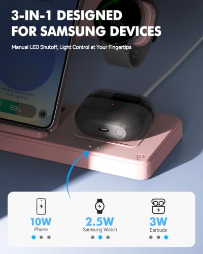 3-in-1 Charging Station for Samsung, Foldable Wireless Charger Stand | Android Phone and Watch Charger for Samsung S26/S25/S24/S23/S22/S21, Note 20/10, Z Fold 6/5, Galaxy Buds and Watch-Pink - color: Pink