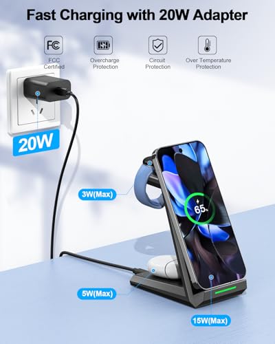 NANAMI 3 in 1 Wireless Charging Station Charger Dock for Google Devices | Fast Charger Stand Dock for Pixel 9/9 Pro XL/Fold, Buds Pro 2/Pro, Watch 3/2, Fitbit Versa 4/Sense 2(Not for Pixel Watch 1/4) - color: Black
