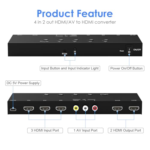 2-in-1 HDMI & AV Switcher,3 HDMI+1 RCA Inputs with 2 HDMIOutput,Support HDCP 2.2, 3D, 4:3/16:9 Aspect Ratio, Compatible with Xbox/Nintendo Switch/PS5/4,Roku/Wii/N64–Play Modern & Retro Games on 2 TV - size: 3 HDMI+1 RCA Inputs & 2 HDMI Output