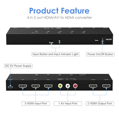 2-in-1 HDMI & AV Switcher,3 HDMI+1 RCA Inputs with 2 HDMIOutput,Support HDCP 2.2, 3D, 4:3/16:9 Aspect Ratio, Compatible with Xbox/Nintendo Switch/PS5/4,Roku/Wii/N64–Play Modern & Retro Games on 2 TV - size: 3 HDMI+1 RCA Inputs & 2 HDMI Output