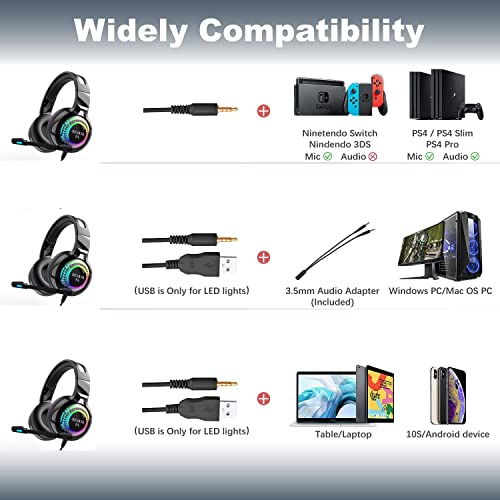 Gaming Headset for PS4, PC Headphones with Microphone LED Light Mic for Nintendo Switch PS5 Playstation Computer, K6(Black)