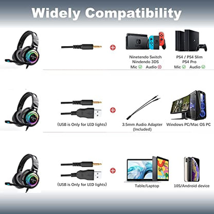 Gaming Headset for PS4, PC Headphones with Microphone LED Light Mic for Nintendo Switch PS5 Playstation Computer, K6(Black)