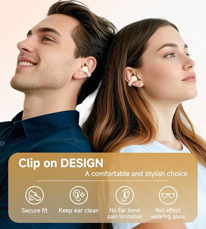 King Lucky i21 Open Ear Clip On Earbuds Wireless Bluetooth Ear Clip Headphones with Mic,Noise Cancelling, Waterproof IPX4,for Small Ears,Perfect for Running,Sports,Glasses Wearers (White) - color: White