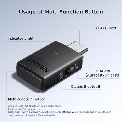 UGREEN USB-C Bluetooth Adapter for PS5 / PC with LE Audio, aptX Adaptive | HD/aptX/SBC, Bluetooth 6.0 Transmitter, Dual Pairing & One-to-Many Broadcast for Wireless Headphones