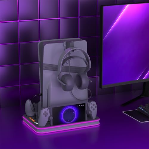 PS Pro Cooling Station, Portal Charger, Dual Controller Dock & RGB Lights | Magnetic Portal dock and dual controller chargers show status; set console USB power to Always for charging in rest mode - color: Gray