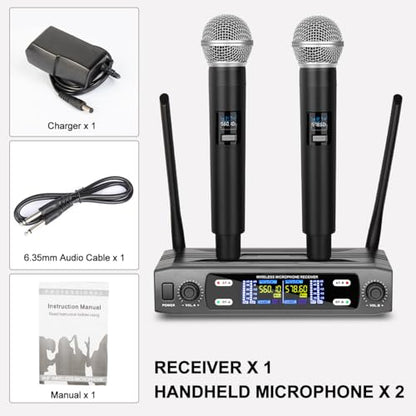 Depusheng Wireless Microphone System, VHF Fixed Dual Frequency Wireless Set with 2 Handheld Dynamic Transmitter Wireless Mic Set for Singing, Karaoke, Church, DJ,200ft Range - size: X2