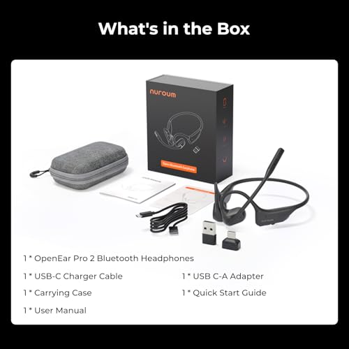 NUROUM OpenEar Pro 2 Bluetooth Headphones with Mic, Dongle and Bag | ENC Noise Cancelling Mic, HiFi 4 DSP, Multi-Point Connections, Soft Silicone, Long Battery Life, One Button Mute