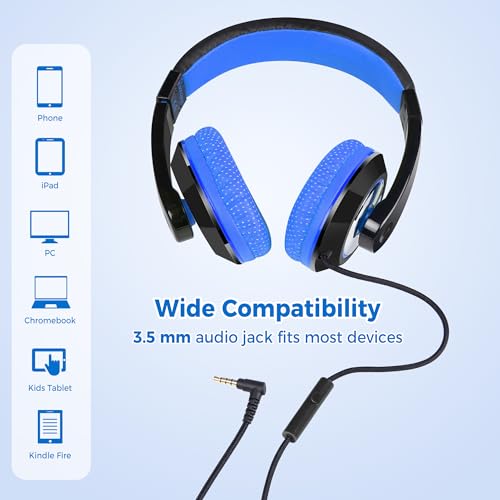 rockpapa Comfort+ Kids Headphones with Microphone, Boys Girls Student Over-Ear Headphones Wired Foldable for School Classroom Laptop PC Computer Tablet Black Blue - color: Blue/Black