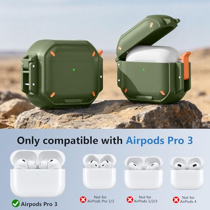 Waterproof Case with Lock for AirPods Pro 3 | IP68 waterproof, Mil-grade drop-proof, Secure lock, Keychain & stand. Hard protection for AirPods Pro 3. - color: Green