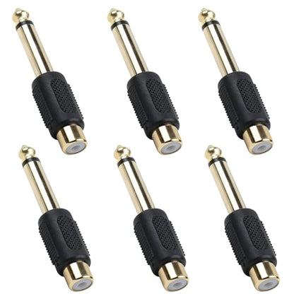 RCA to 1/4" Audio Adapter (6-Pack) – 6.35mm Mono Male Plug to RCA Female Connector, Gold-Plated Audio Jack for Speakers, Amps, Instruments & Home Theater