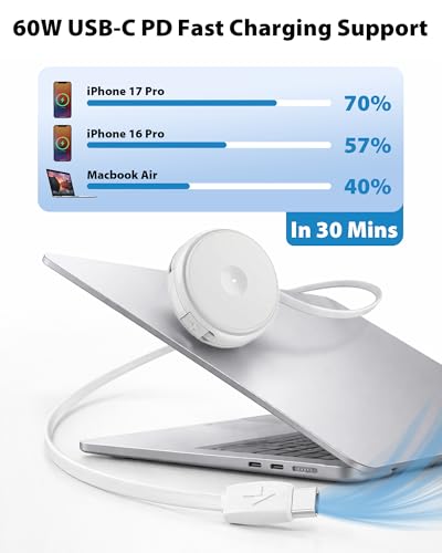 2-in-1 Wireless Charger with Retractable USB-C Cable – 60W PD | Fast Retractable Charging Cable & Phone Charger for iPhone Apple Watch Earbuds, Portable Travel Charging Station for Car