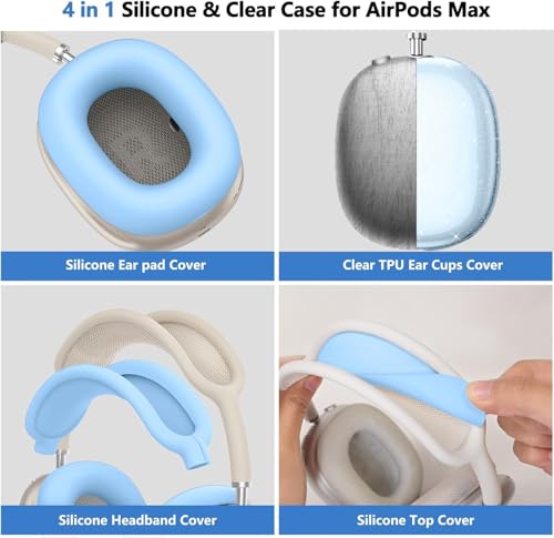 [4 in 1] Case Cover for AirPods Max 2/1 (2026/2024/2020) Ear Pad Case Cover/Headband Cover/Ear Cups Cover with Bling Star for Apple AirPods Max Headphones (Bling Sky Blue Star) - color: Bling Sky Blue Star