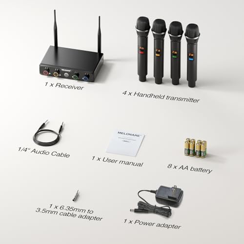 MELONARE 4x10 Freq. UHF Wireless Microphone System, 200FT Stable Signal | Cordless Handheld Mics, Microfono Inalambrico for Singing, Wedding, Karaoke, Church, DJ Events,Party MWM-41-4H - size: 4 Handheld Mics