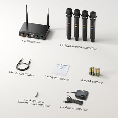 MELONARE 4x10 Freq. UHF Wireless Microphone System, 200FT Stable Signal | Cordless Handheld Mics, Microfono Inalambrico for Singing, Wedding, Karaoke, Church, DJ Events,Party MWM-41-4H - size: 4 Handheld Mics