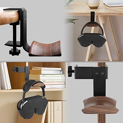 GEEKRIA Walnut Headphone Holder with Metal Desk Clamp, Walnut Headband Rest Headset Hanger, Space-Saving Under Desk Mount for AirPods Max, Sony WH-1000XM Series and Other Over-Ear Headphones