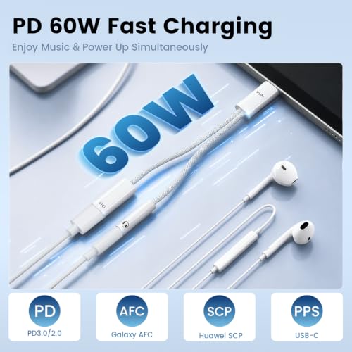 VUM 3-in-1 USB-C to 3.5mm Headphone Jack with PD 60W Charging Audio Adapter