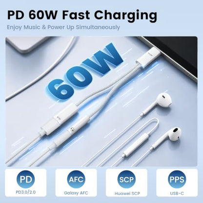 VUM 3-in-1 USB-C to 3.5mm Headphone Jack with PD 60W Charging Audio Adapter
