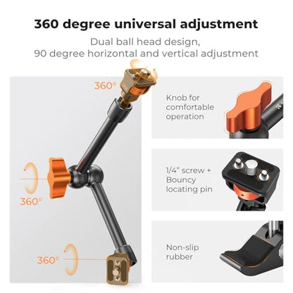 K&F CONCEPT 11" Magic Arm Clamp with ARRI 1/4" & 3/8" Thread Screw | 360° Ball Heads Articulating Arm Camera Adapter for DSLR, Monitor, LED Light, Microphone, Camera Cage, Action Camera, MS33 - size: 11 Inch with Adapter