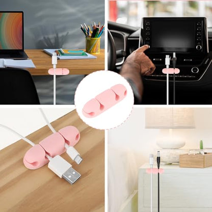 Mabor 3PCS Cable Clips Cord Wire Organizer Electrical Cable Management Holders 4 Hole Silicone Cable Harness USB Charging Accessory Cute Cable Holder for Office and Home Desk (Pink)