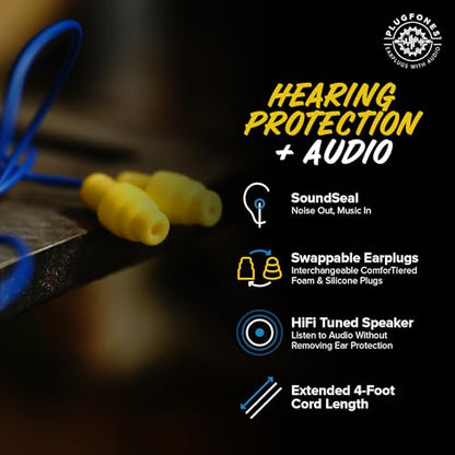 Plugfones Guardian Earplug Headphones - OSHA Approved Noise Isolating in-Ear Earbuds with Hearing Protection - Wired Hybrid for Work and Travel - Includes Silicone and Foam Earplugs - Blue & Yellow - color: Blue