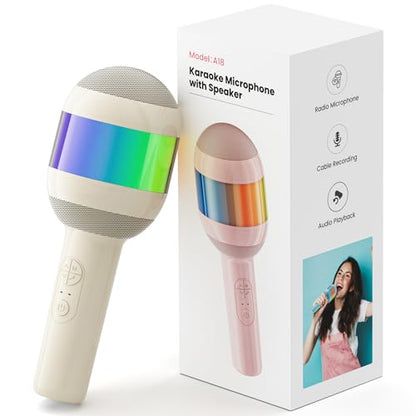 Wireless Karaoke Machine Portable Bluetooth Microphone with LED Light | Best Chritmas Birthday Festival Party Gift for Adults 3 4 5 6 7 8 9 10 11 12+ Year Old Girls Boys Kids (Beige) - color: Beige
