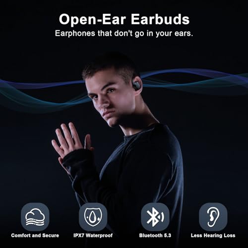 Open Ear Headphones, Open Ear Earbuds, IPX7 Waterproof, Bluetooth 5.3 True Wireless Sports Over Ear Earbuds with Earhooks, Built-in Mic, Crystal-Clear Calls for Running Workout Cycling Driving