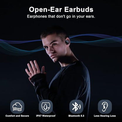 Open Ear Headphones, Open Ear Earbuds, IPX7 Waterproof, Bluetooth 5.3 True Wireless Sports Over Ear Earbuds with Earhooks, Built-in Mic, Crystal-Clear Calls for Running Workout Cycling Driving