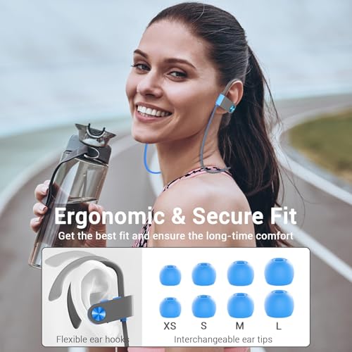 Bluetooth 5.3 Headphones, Wireless Sports In-Ear Earbuds IPX7 Waterproof | 16 Hours Playtime, Sweatproof Stereo Earphones with MIC, Noise Cancelling Headsets for Gym Running Workout, Clear Sound - color: Blue