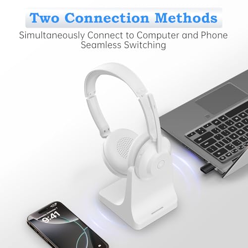 Bluetooth Wireless Headset with Mic for Work, Advanced Noise Reduction Microphone, Clear Calls - Comfortable On-Ear Headphones, Bluetooth 5.3, Applicable to Laptop, PC, Zoom, Office(White) - color: White
