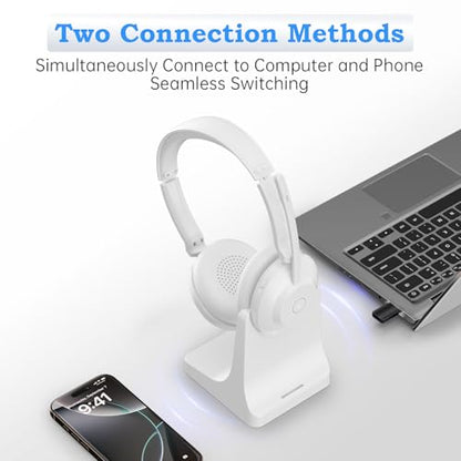 Bluetooth Wireless Headset with Mic for Work, Advanced Noise Reduction Microphone, Clear Calls - Comfortable On-Ear Headphones, Bluetooth 5.3, Applicable to Laptop, PC, Zoom, Office(White) - color: White