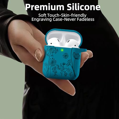 Lerobo for AirPod Case 2nd/1st Generation with Keychain | Flower Engraved Silicone Protective Cover for AirPods 2 Case, Wireless Charging, Shockproof, One-piece Design, Verdant Blue - color: Verdant Blue