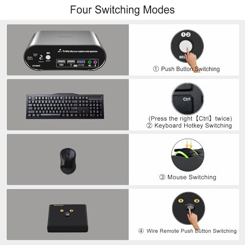 2 Computers 3 HDMI Monitors KVM Switch 8K@60Hz Triple Monitors, Wired Remote and Hotkey Switching, EDID, Audio and Microphone, Aluminum Alloy Shell,Digital Display, HDR10 with Cables - style: 2 PCs 3 HDMI Monitors 8K60