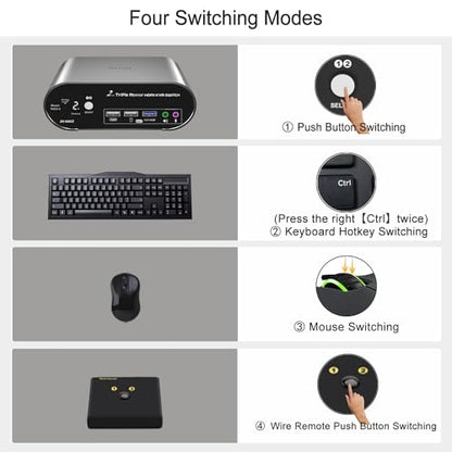 2 Computers 3 HDMI Monitors KVM Switch 8K@60Hz Triple Monitors, Wired Remote and Hotkey Switching, EDID, Audio and Microphone, Aluminum Alloy Shell,Digital Display, HDR10 with Cables - style: 2 PCs 3 HDMI Monitors 8K60