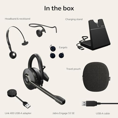 Jabra Engage 55 SE (Second Edition) Convertible Wireless Headset w/Charging Stand and Link 400 USB-A DECT Adapter – MS Teams Certified, Works with All Other Platforms, Black - size: USB-A Adapter, style: Teams Certified