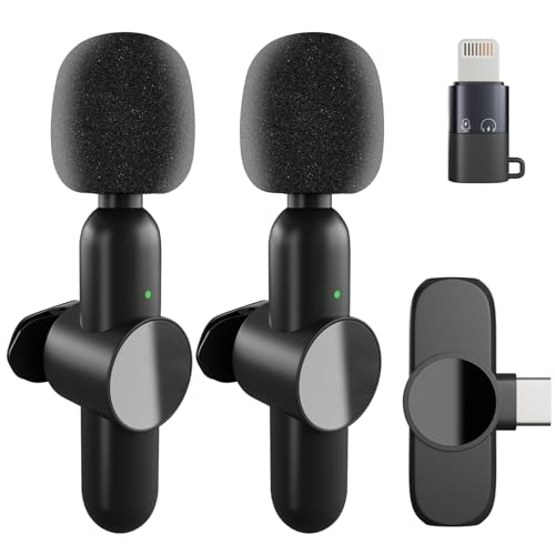 2 Pack Wireless Microphones for iPhone iPad Android Laptop, Clip-on Mini Microphone Plug-Play, Professional Lavalier Microphone for YouTube, TikTok, Vlog, Live Streaming, Interview