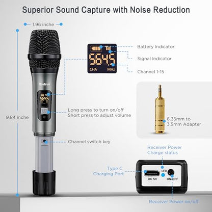 Bietrun Wireless Microphone Only for Mic Input, UHF Metal Dynamic Mic - color: Gray