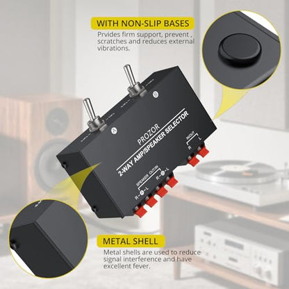 PROZOR 2-Zone Speaker Switch Box Passive Stereo Amp/Speaker Selector | Independent A/B Control, 2-Way speaker switcher selector for Amplifier Receiver 150W RMS per Channel Support 4–16Ω Speakers - size: Spring Clip 2 Zone