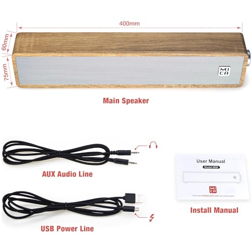 MICA Computer Speakers, Vintage Wired Computer Sound Bar, Retro Wooden Mini Soundbar, USB Powered PC Speakers for Desktop Monitor, Laptop, Tablet, 3.5mm Aux Connection, Angled (Yellow)